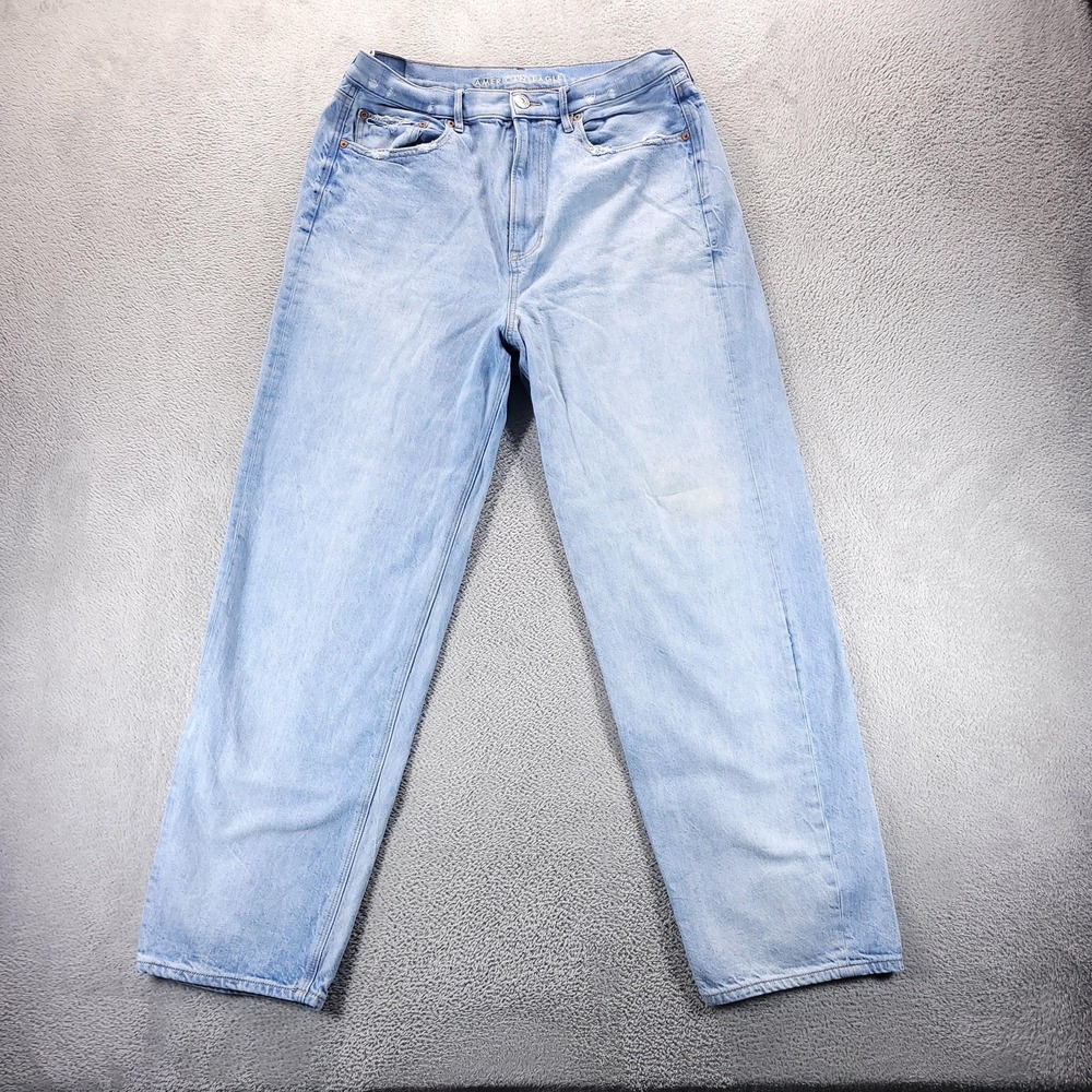 American Eagle Jeans Womens 14 Blue Baggy High Rise Straight Distressed Relaxed